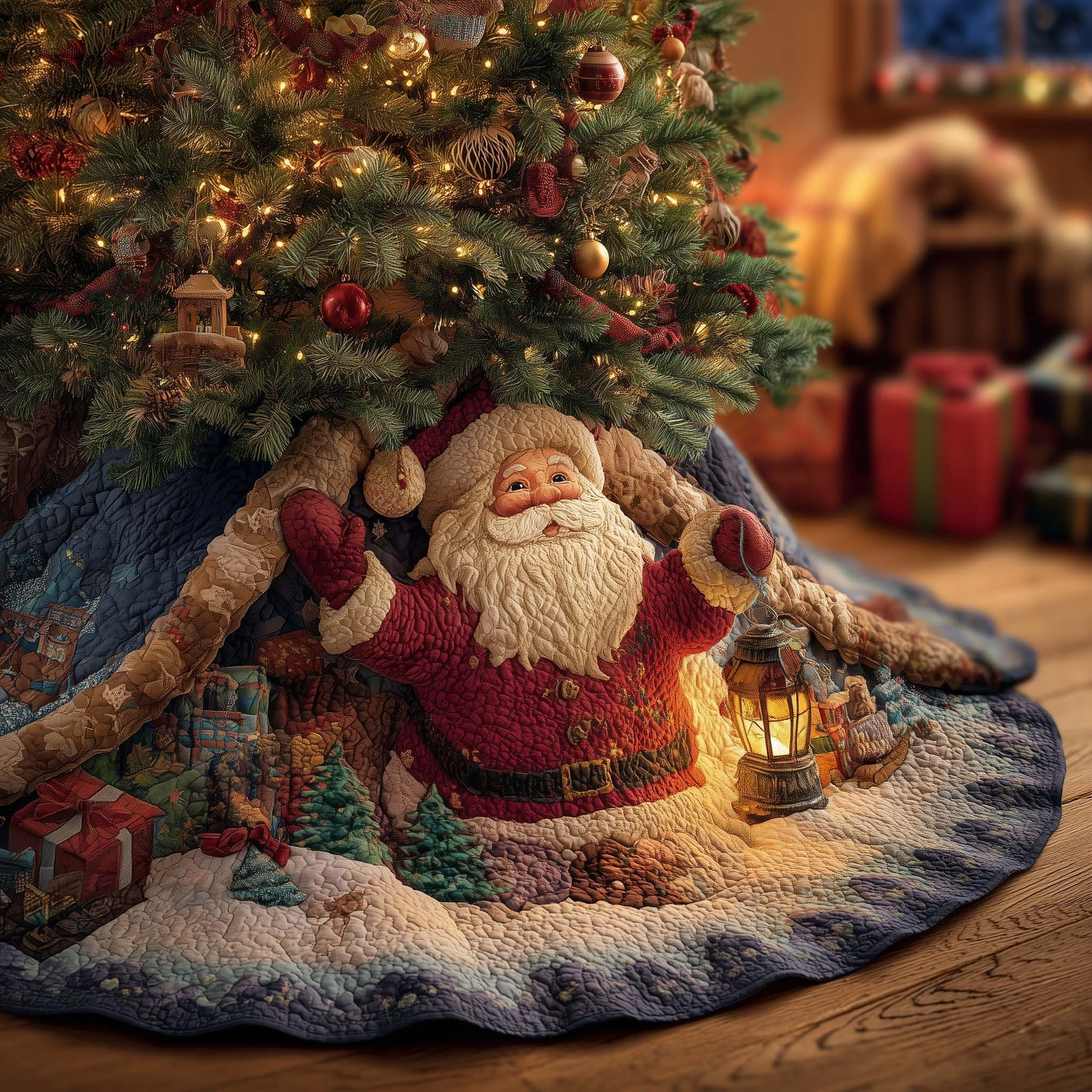 Santa Holiday Cheer Christmas Quilted Tree Skirt Decorations Best Xmas Tree Base Cover 2025