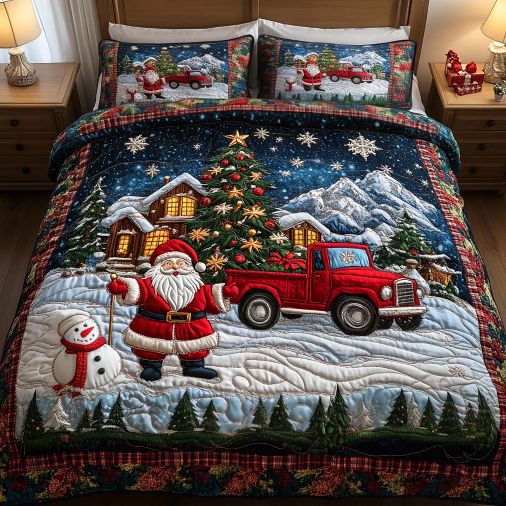 Santa Journey Quilted Bedding Set Christmas Holiday Bedroom Decor Festive Gift Ideas
