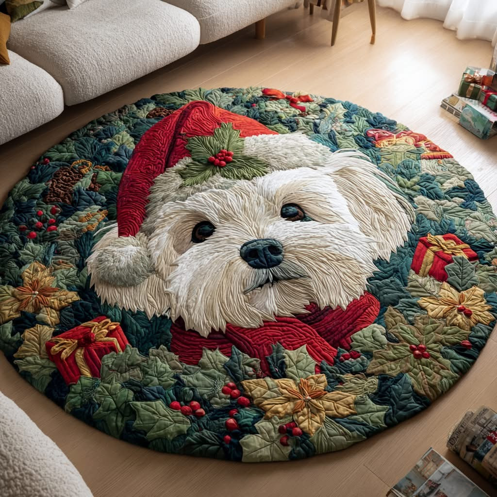 Santa Maltese Dog Christmas Quilt Round Mat Xmas Holiday Furniture Ideas For Dog Lovers