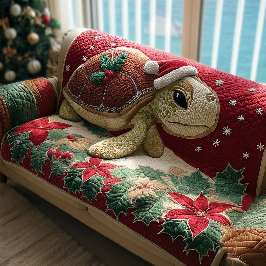 Santa Shell Turtle Quilted Sofa Cover Living Room Winter Decor Gifts For Sea Turtle Lovers