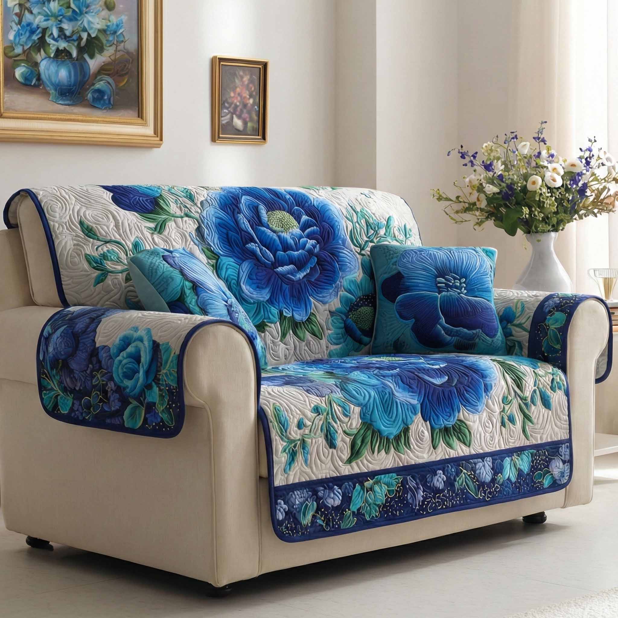 Sapphire Bloom Quilted Sofa Cover Couch Cover Good Gifts For Mom Birthday