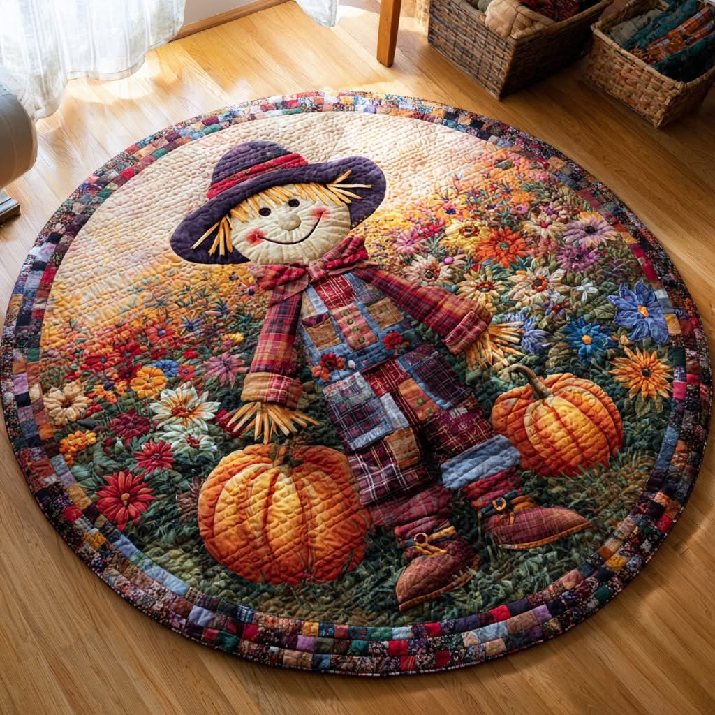 Scarecrow Floral Pumpkin Halloween Quilted Round Mat Circle Rug Autumn Fall Decorations
