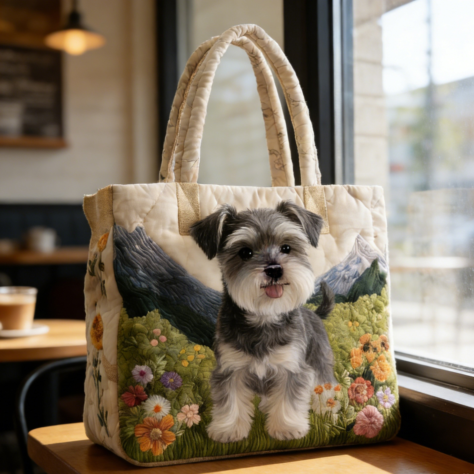 Schnauzer Quilted Tote Bag Floral Cute Dog Tote Bag Best Gifts For Schnauzer Lovers