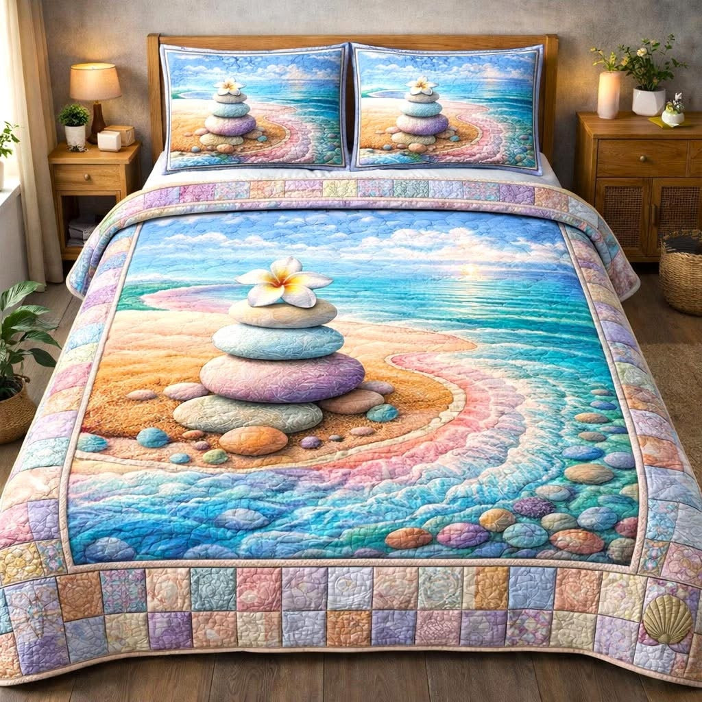 Sea Shells Quilted Bedding Set Pastel Bedroom Decor Mother's Day Gifts From Daughter