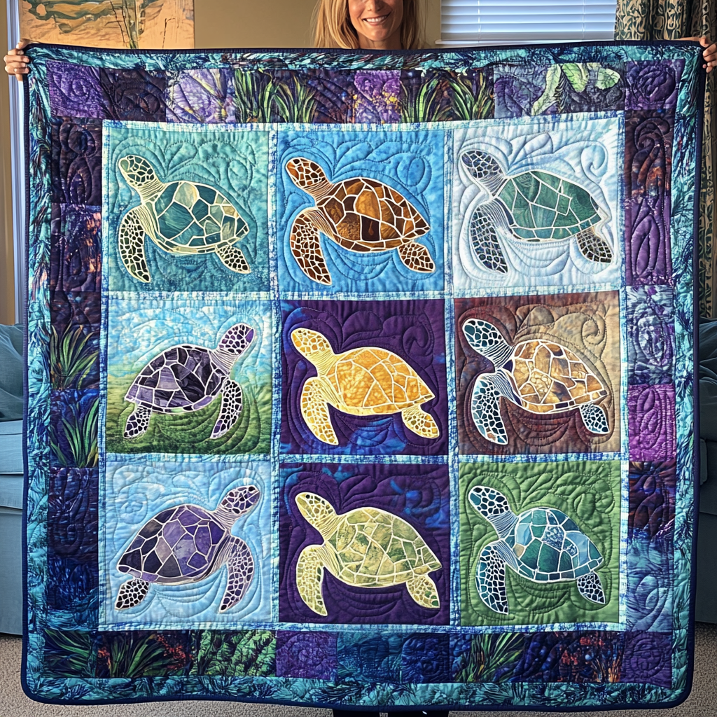 Sea Turtle Sanctuary Quilted Blanket Queen Bed Set Gifts For People Who Loves Sea Turtle