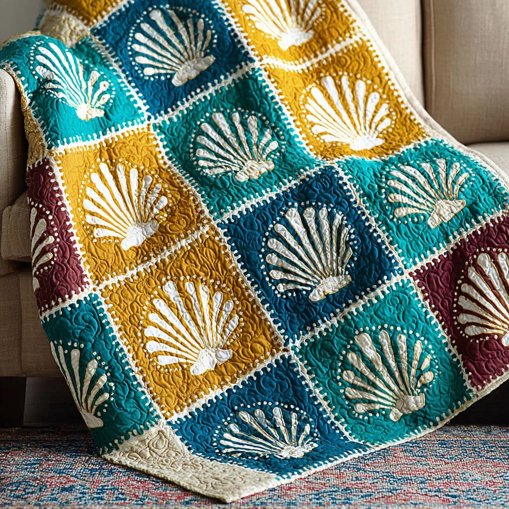 Seashell Patchwork Quilted Blanket Ocean Beach Decor Apparel Best Gift For Beach Lover