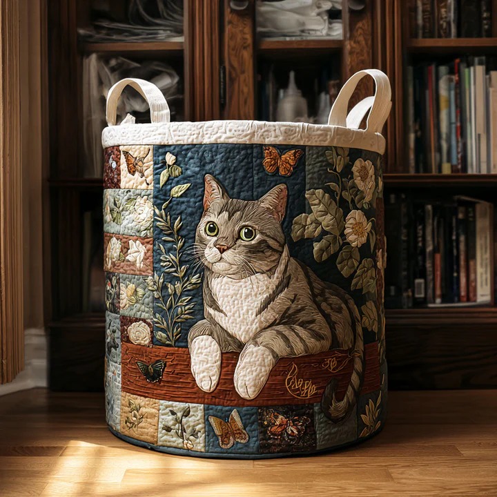 Secret Garden Cat Quilted Laundry Basket Boho Floral Cat Home Decor Best Gift For Cat Mom