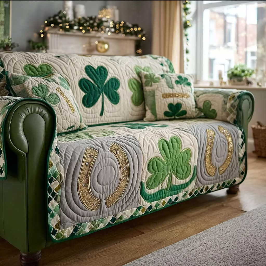 Shamrock Dream Quilted Sofa Cover Irish Holiday Couch Covers St Patrick's Day Gifts