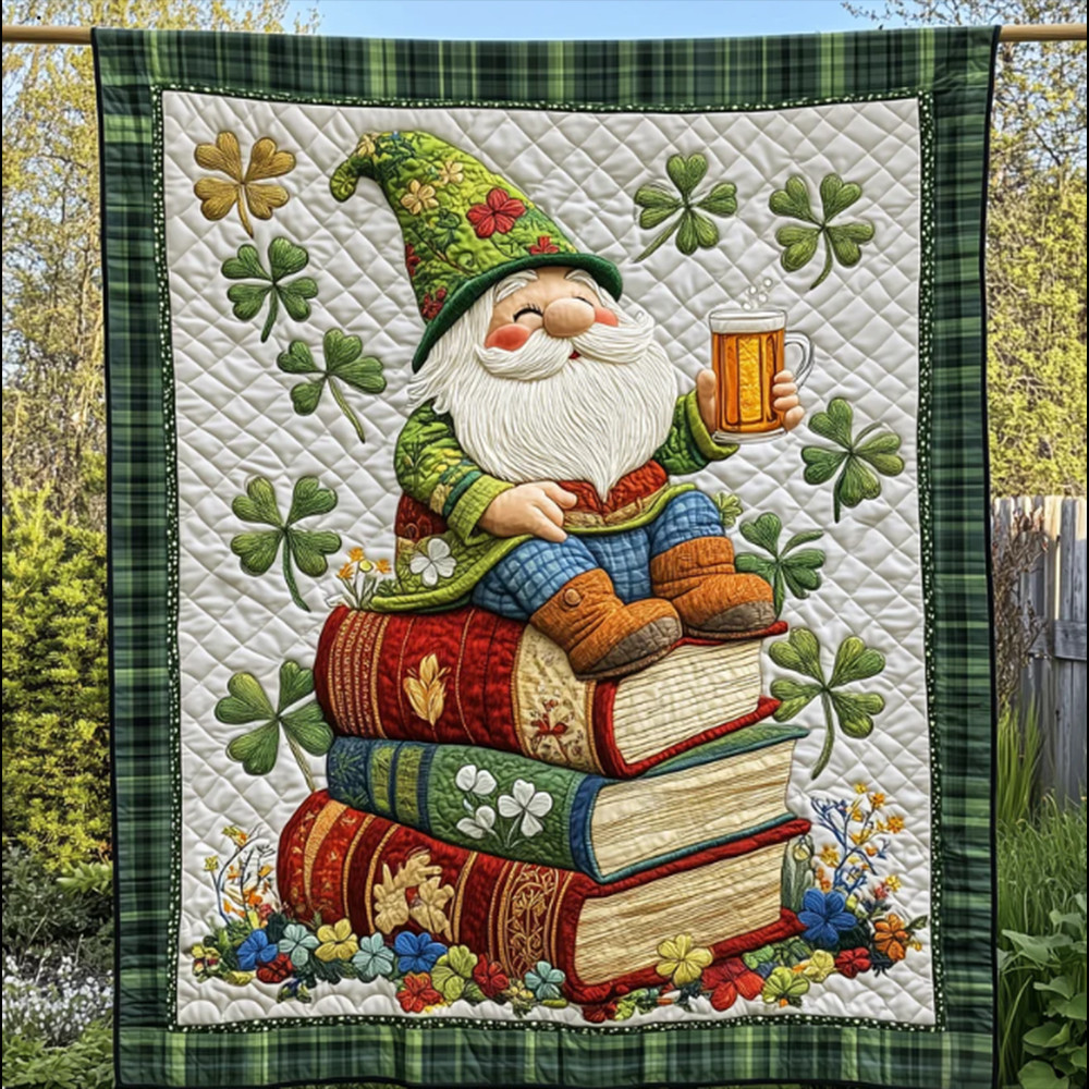 Shamrock Irish Gnome Book And Beer Quilt Blanket Saint Patrick's Day Best Gift For Irish