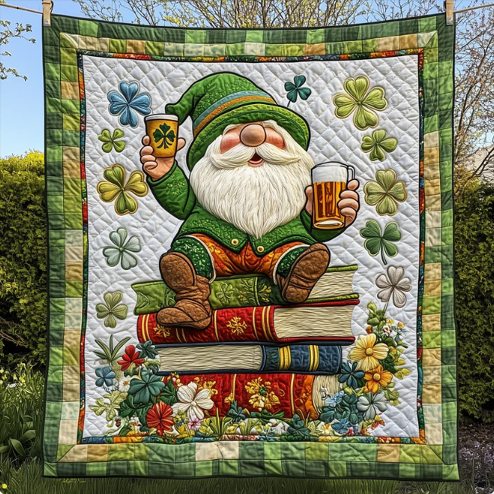 Shamrock Irish Gnome Book And Beer Quilt Blanket Saint Patrick's Day Blanket Gift For Irish