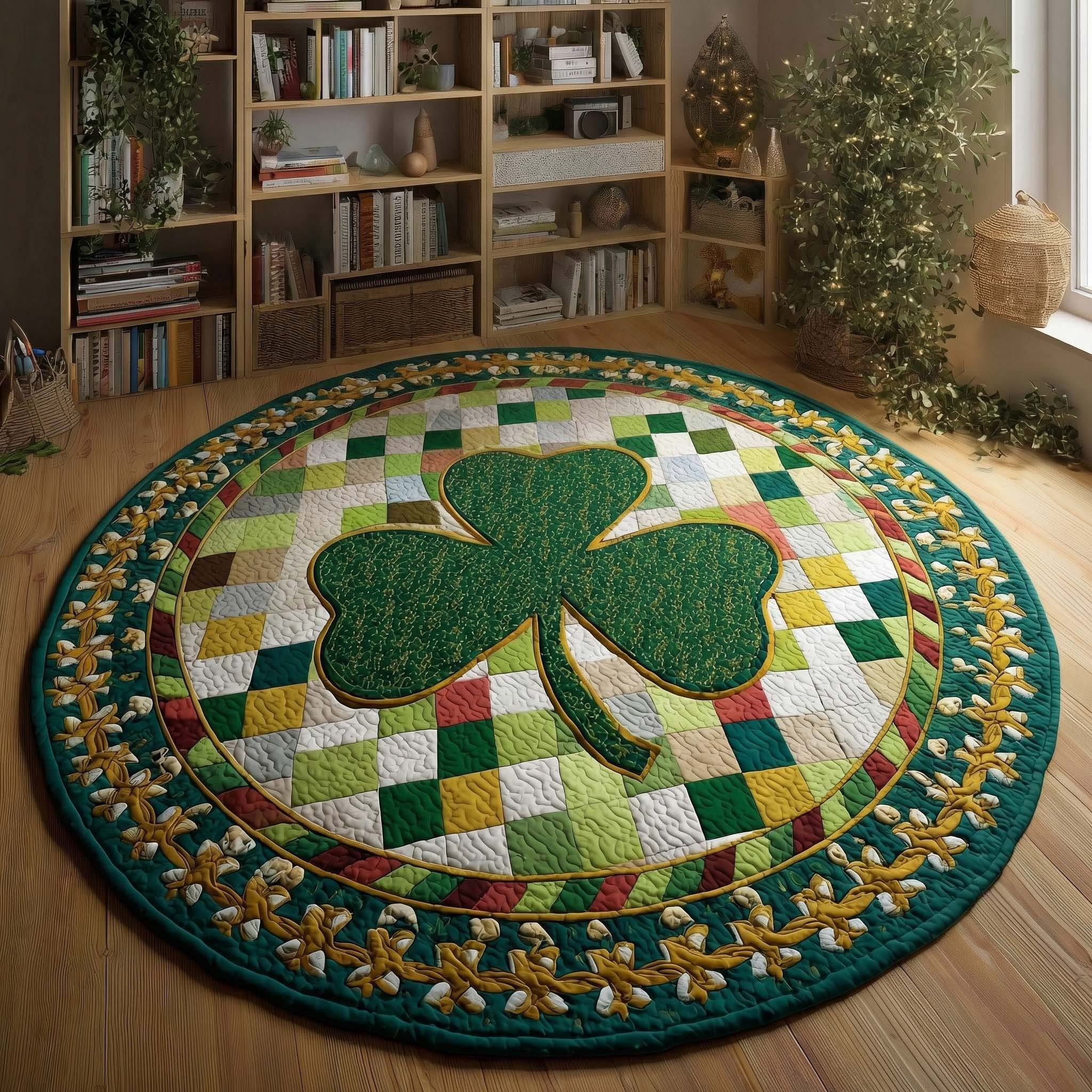Shamrock Lucky Mosaic Quilted Round Mat St Patrick Clover Circular Rug Gifts For Irish