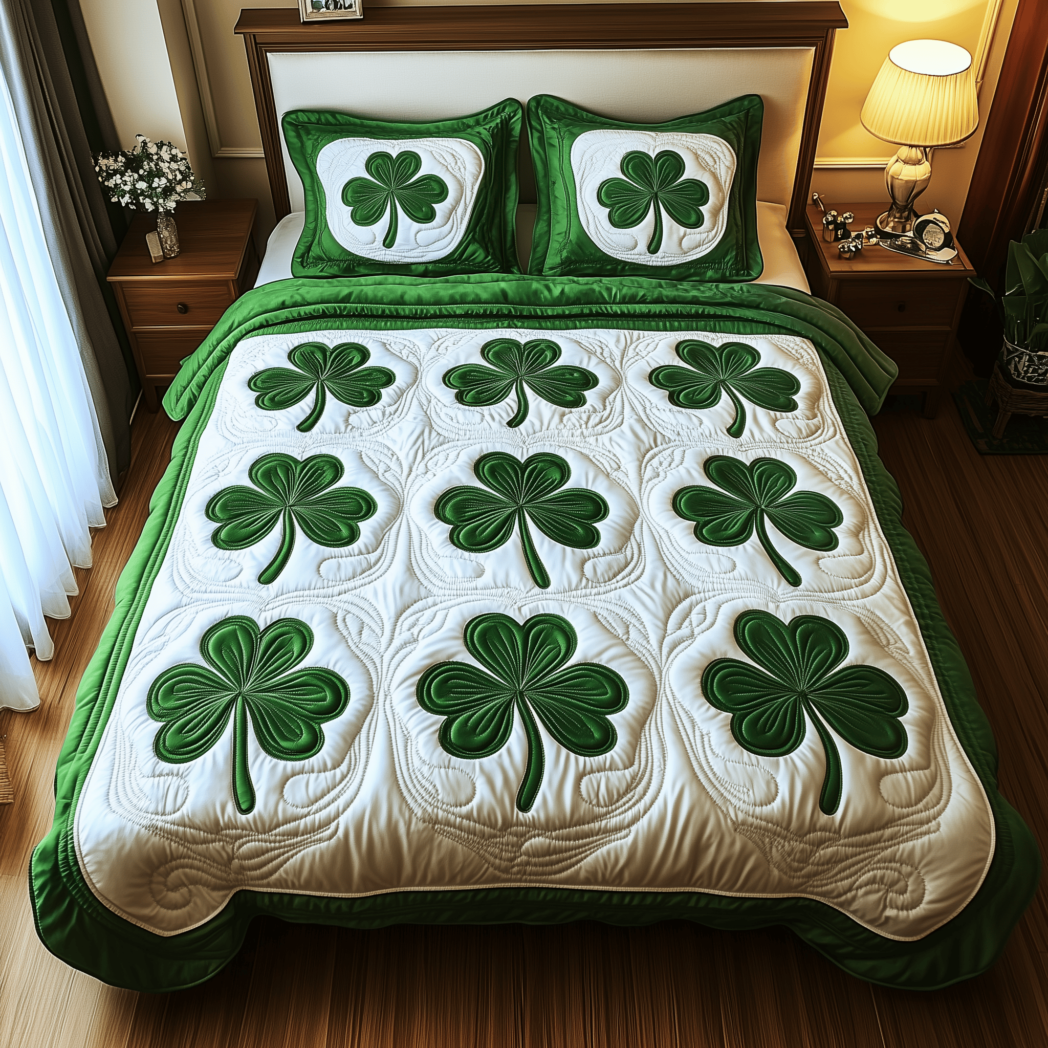 Shamrock Quilted Bedding Set St Patrick's Day Duvet Cover Dad Fathers Day Gifts