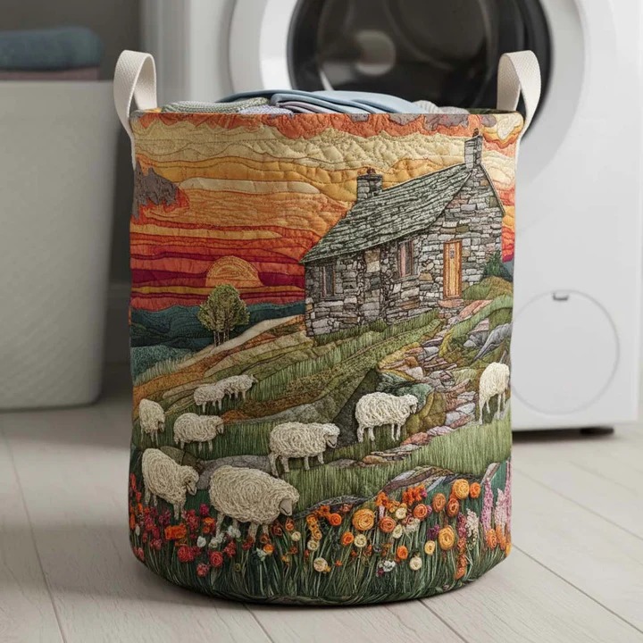 Sheep Stone Cottage Sunset Quilted Laundry Basket Farmhouse Home Decor Best Gift For Sheep Lovers