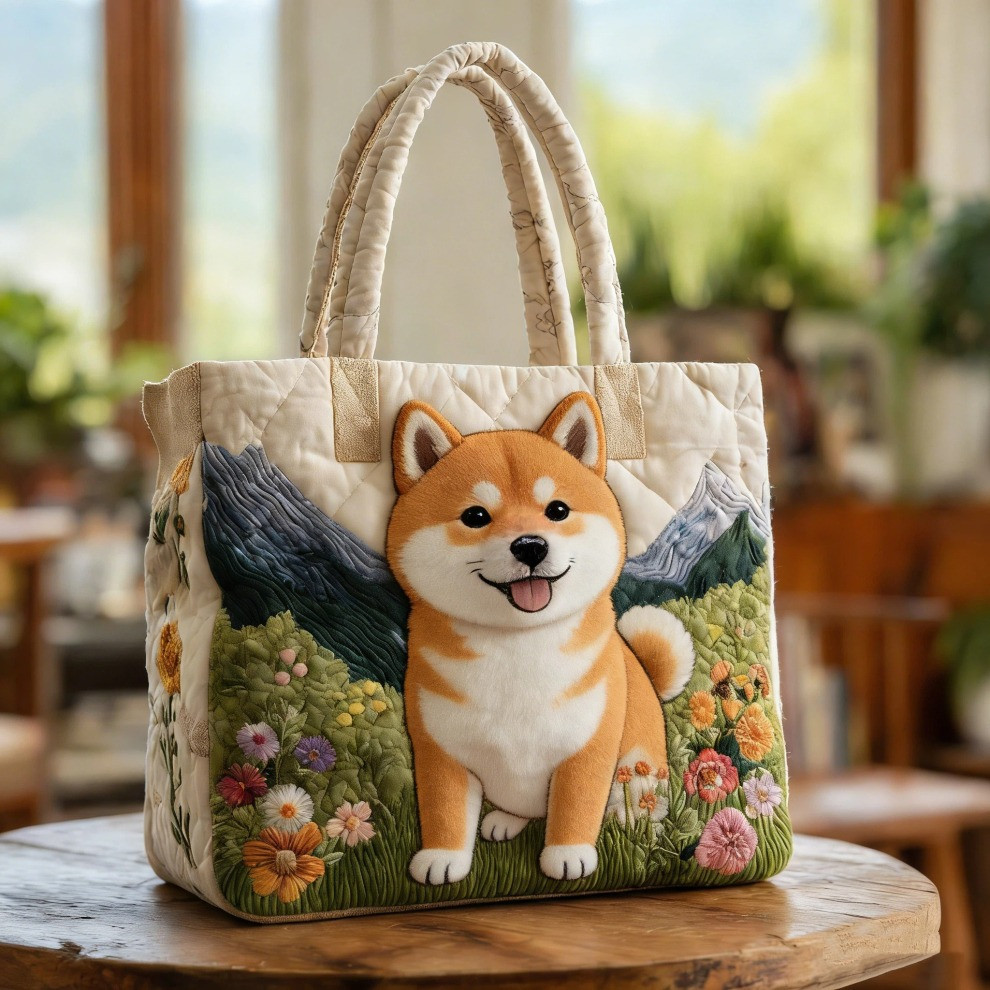 Shiba Inu Quilted Tote Bag Floral Cute Dog Tote Bag Best Gifts For Shiba Lovers