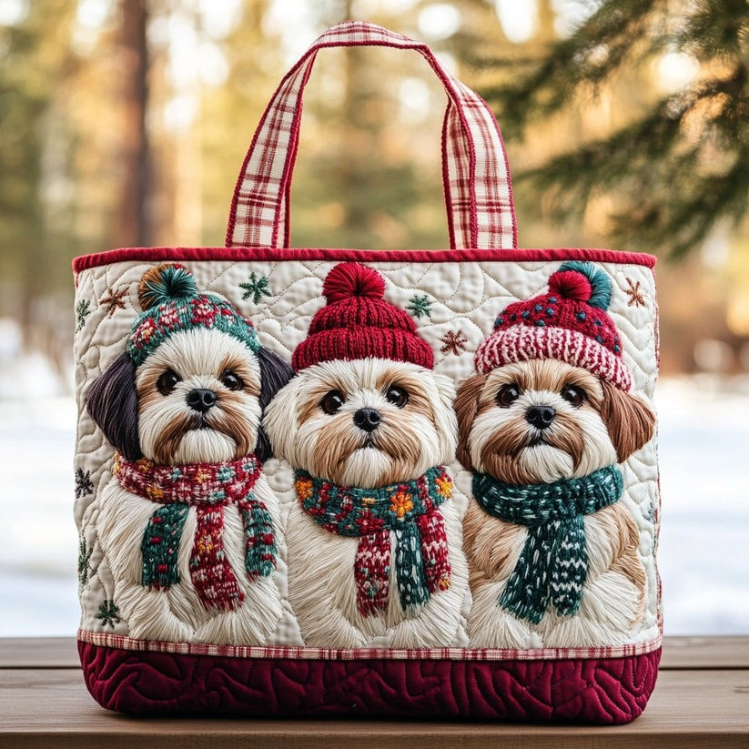 Shih Tzu Dogs Christmas Quilted Tote Bag Cute Animal Winter Holiday Gifts For Dog Lovers