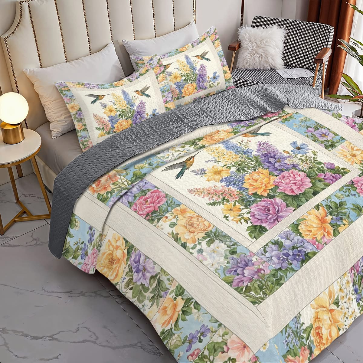Shineful All Season Quilt Bedding Set Vintage Meadow Hummingbird Bed Sheet Set Bed Decor
