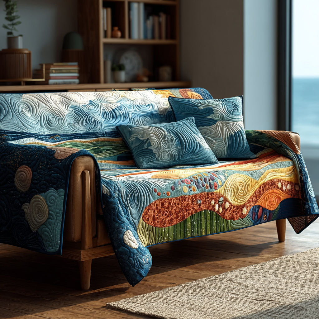 Shoreline Flow Quilted Sofa Cover Large Couch Cover Christmas Gifts For Ocean Lovers