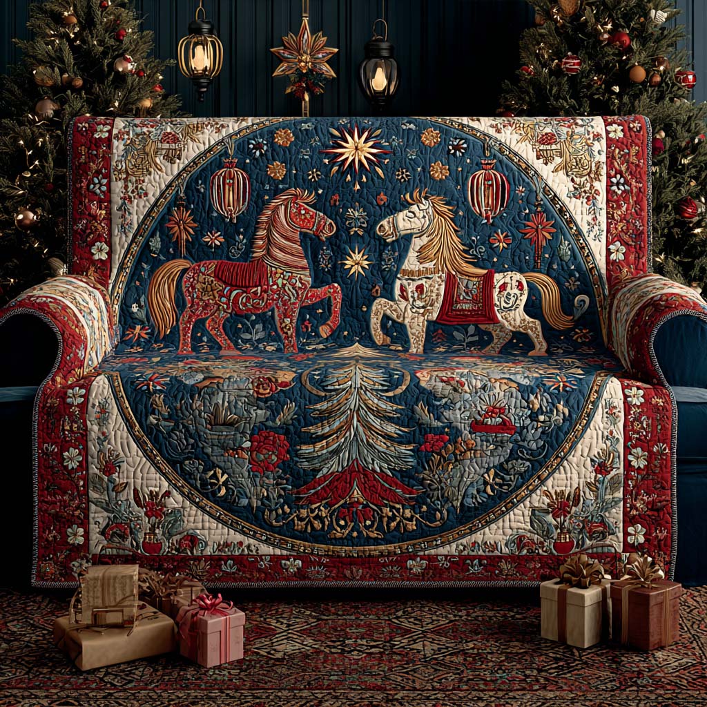 Silver Moon Christmas Pony Quilted Sofa Cover Christmas Couch Decor Horse Related Christmas Gifts