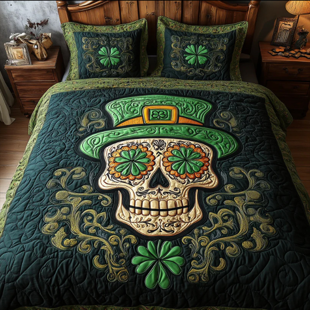 Skull Festival Patrick's Day Quilt Bedding Set Best Idea Gift For Irish