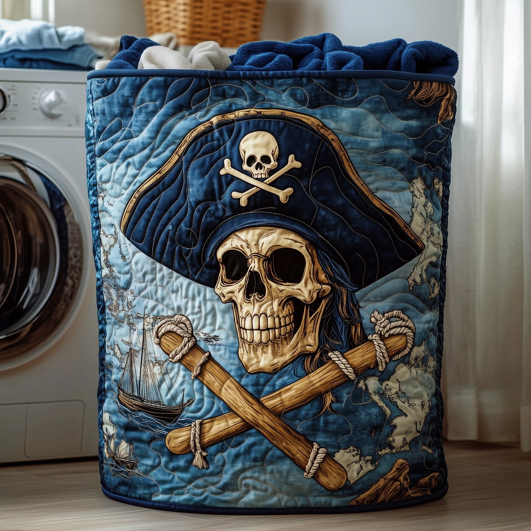 Skull Pirate Quilted Laundry Basket Cool Pirate Gifts For Pirate Adventure Fans