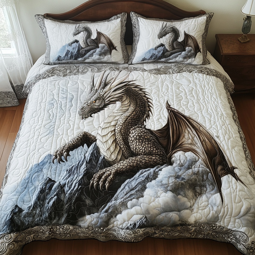Skybound Scales Quilted Bedding Set Dragon Fantasy Bedroom Decor Gift For Dragon Lovers
