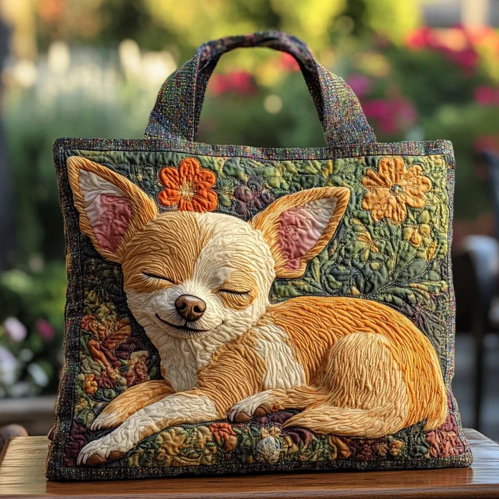 Sleeping Chihuahua Floral Quilted Tote Bag Dog Mom Chihuahua Lover Botanical Nature Gift For Mom