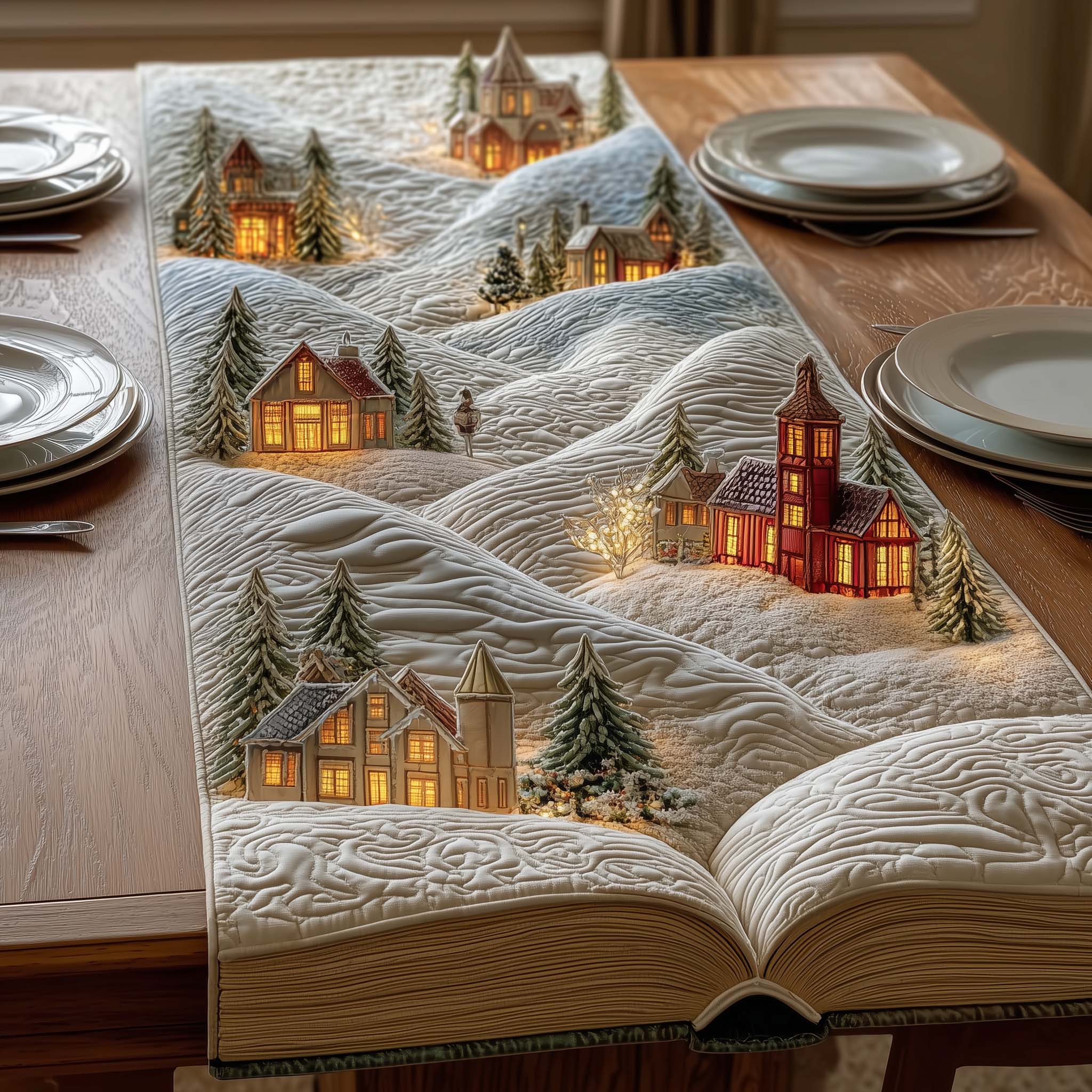 Snow Village Quilted Table Runner Farmhouse Dining Room Decor Gift For Home