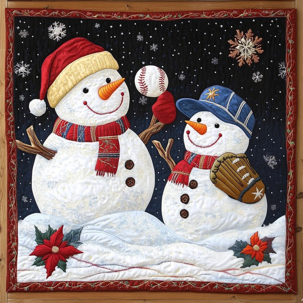 Snowman Playing Baseball Quilt Blanket Cute Snowman Christmas Themed Gifts For Baseball Lovers