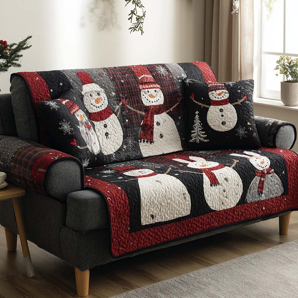 Snowmen on Black Plaid Quilted Sofa Cover Holiday Living Room Decor Christmas Giving Ideas For Families