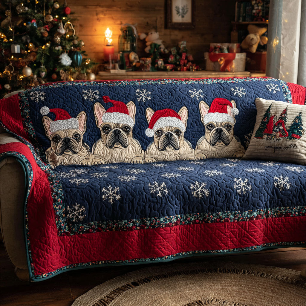 Snowy Frenchies Quilted Sofa Cover Christmas Sofa Cover Gifts For Frenchie Lovers