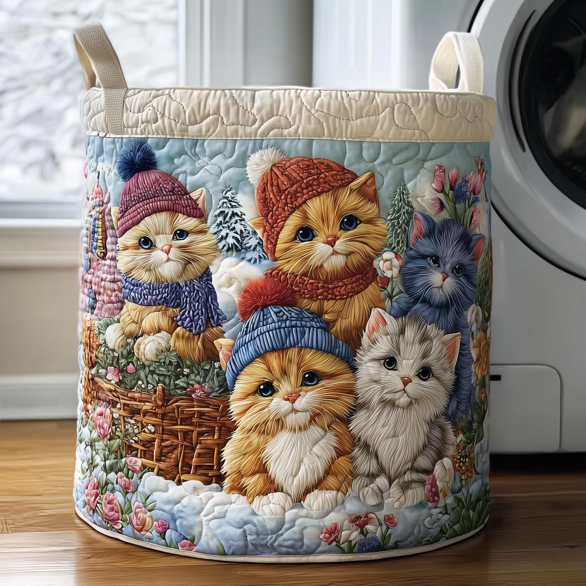 Snowy Whiskers Quilted Laundry Basket Beautiful Gifts For Cat Lovers