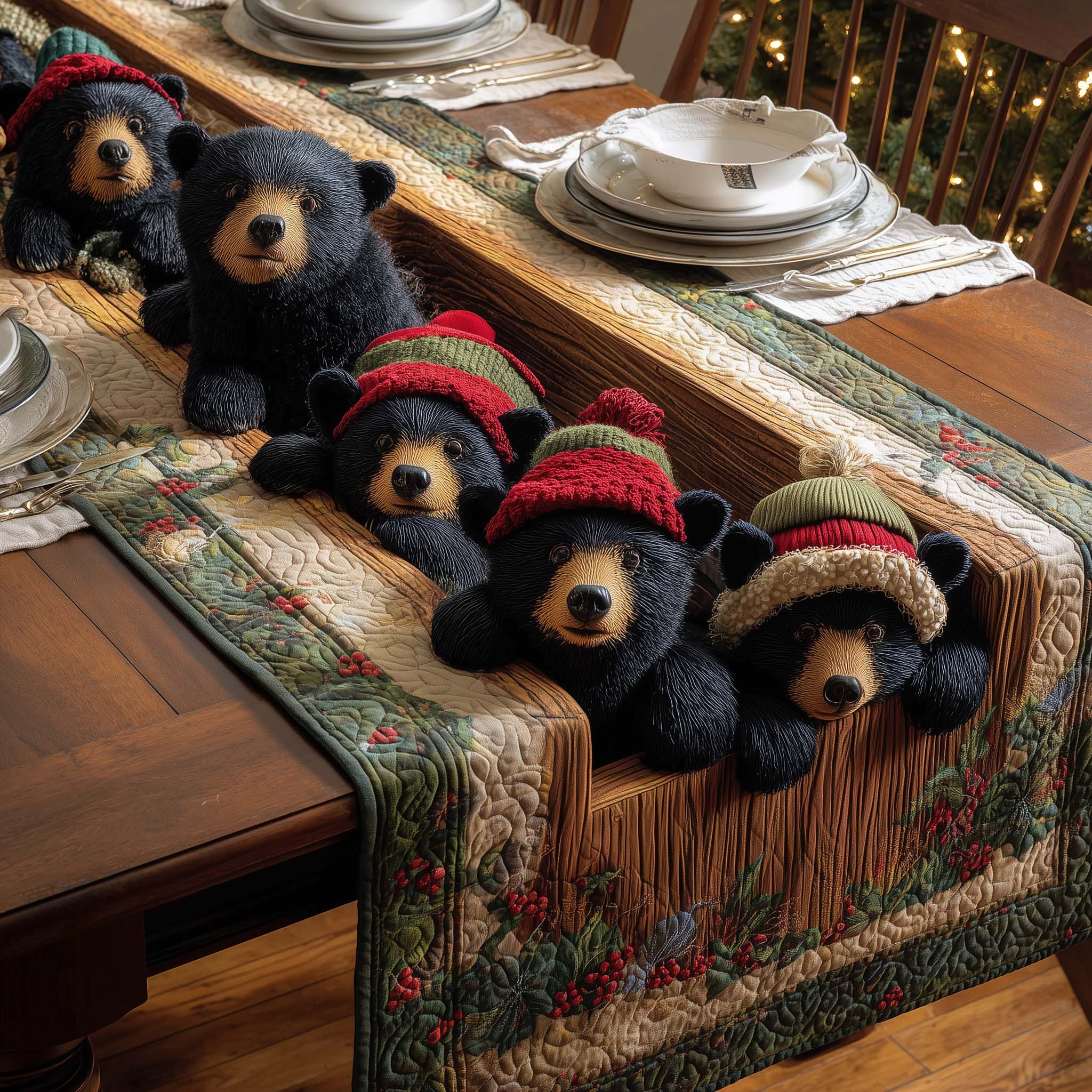 Snug Bears Quilted Table Runner Farmhouse Dining Room Decor Gift For Home