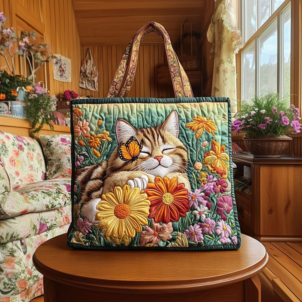 Soft Dreams Kitty Butterfly Quilted Tote Bag Spring Core Bag Gifts For Cat Lovers
