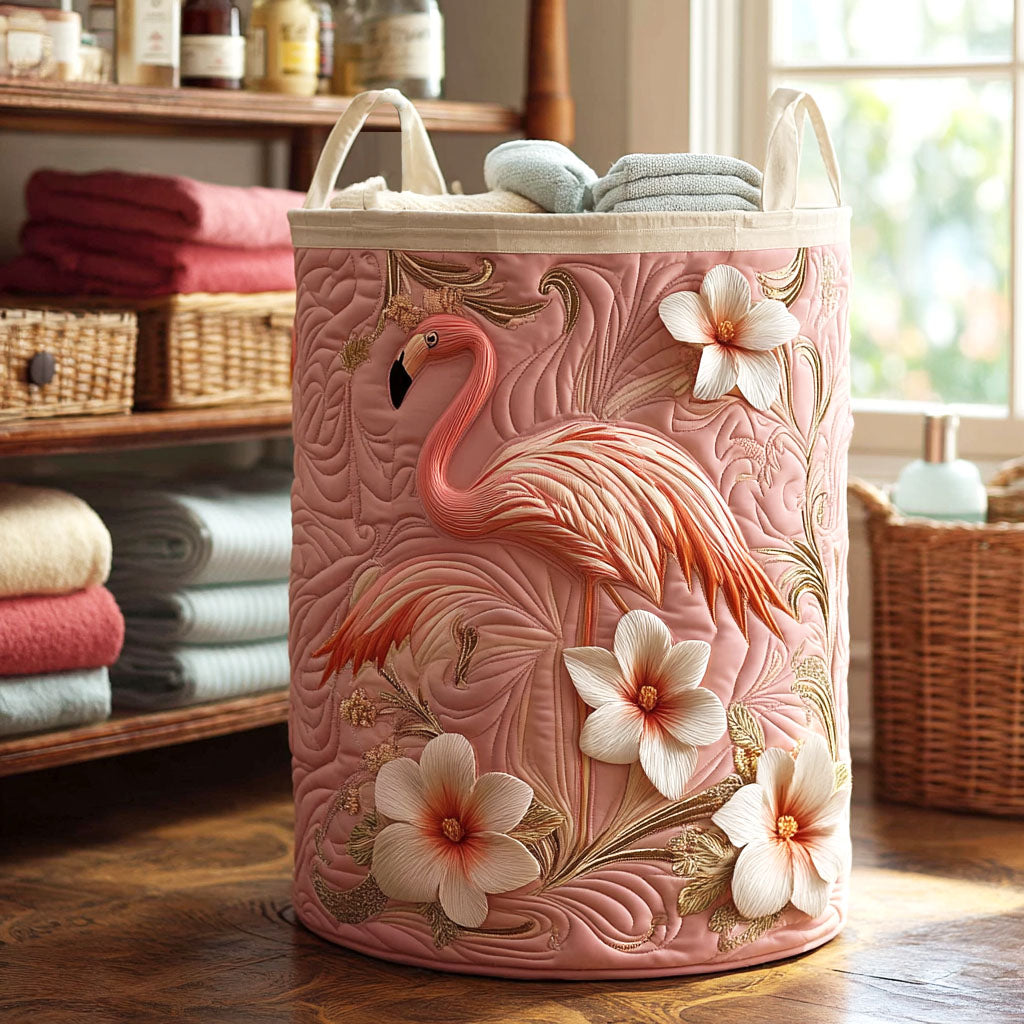 Soft Flamingo Quilted Laundry Basket Elegant Quilted Laundry Bin for Bedroom and Bathroom