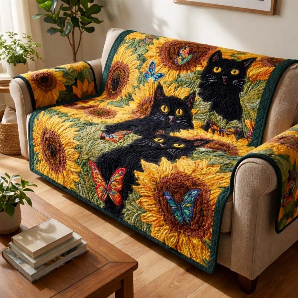 Solar Cat Forest Quilted Sofa Cover Sunflower Sofa Protector Best Gifts For Mom