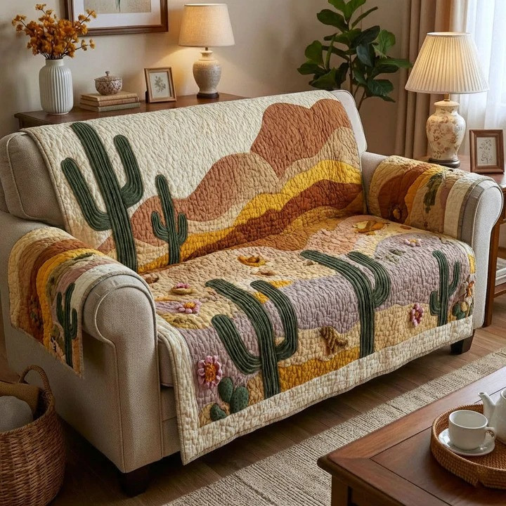 Southwest Sunset Quilted Sofa Cover Boho Desert Cactus Furniture Protector Best Home Decor Gift