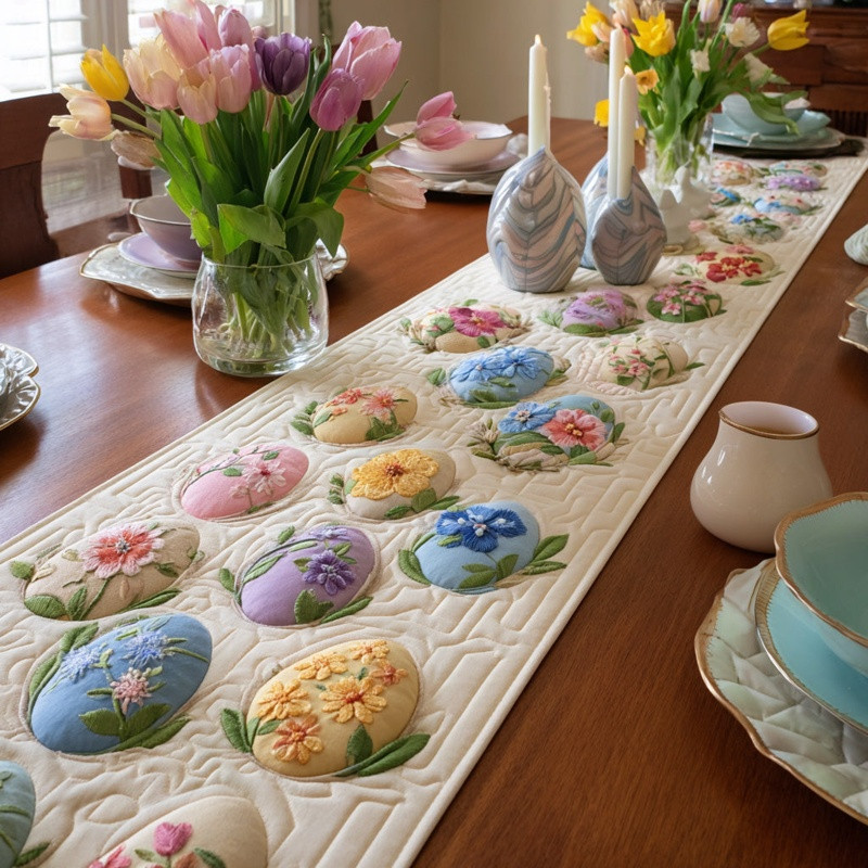 Spring Basket Quilted Table Runner Easter Floral Table Decor Gift For Easter Lovers