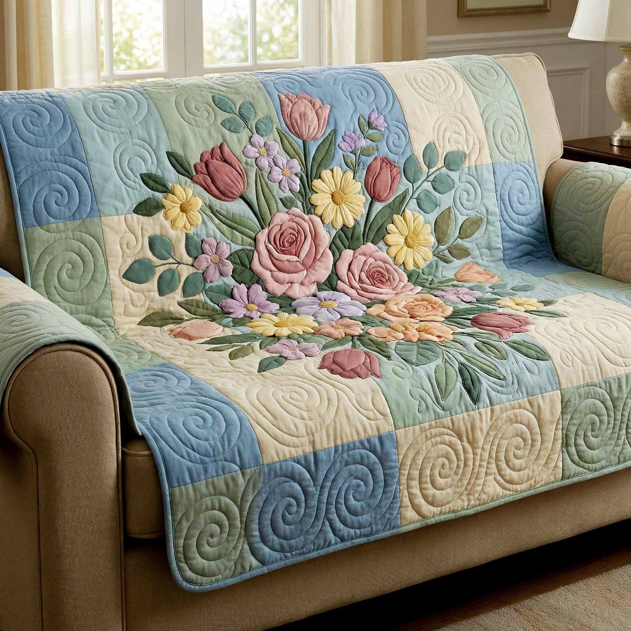 Spring Bouquet Quilted Sofa Cover Pastel Floral Couch Cover Best Gifts For Mom