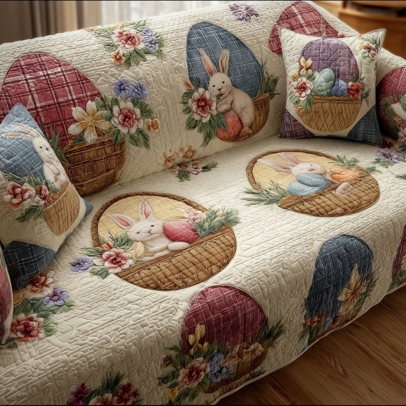 Spring Bunny Garden Quilted Sofa Cover Easter Spring Furniture Decor Gift For Easter Lovers