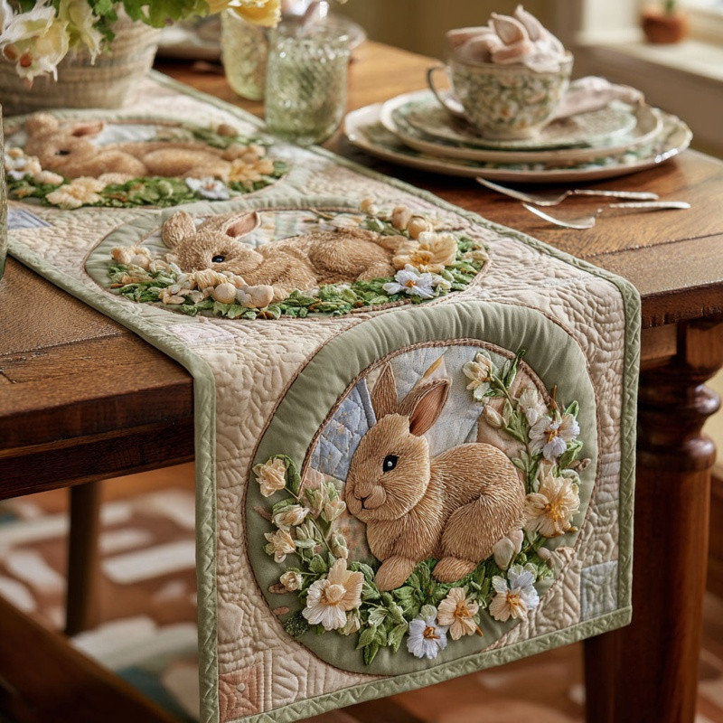 Spring Bunny Quilted Table Runner Easter Spring Table Decor Best Gift For Easter Lovers