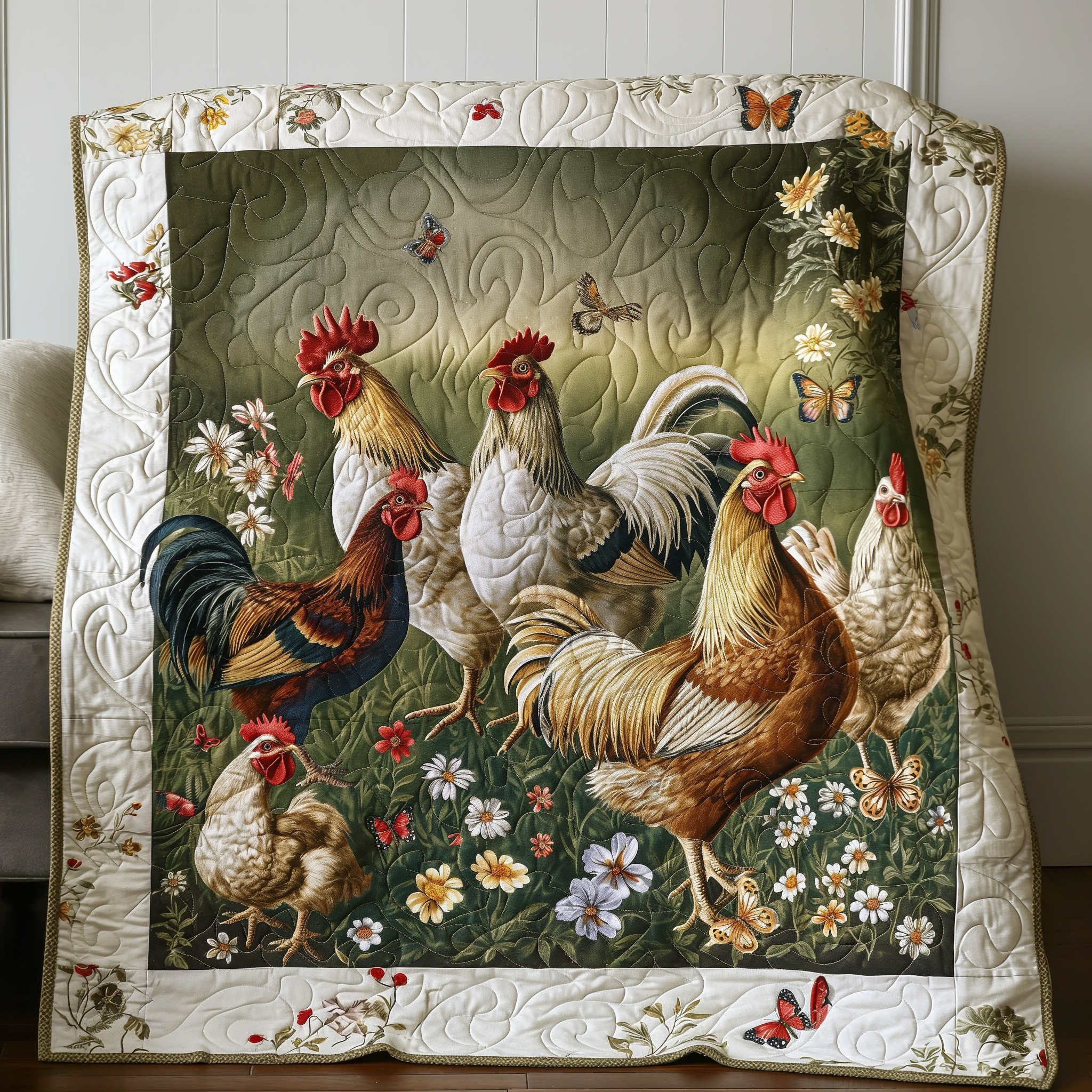 Springtime Bloom Chicken Quilted Blanket Bedroom Decor Gifts For Chicken Lovers