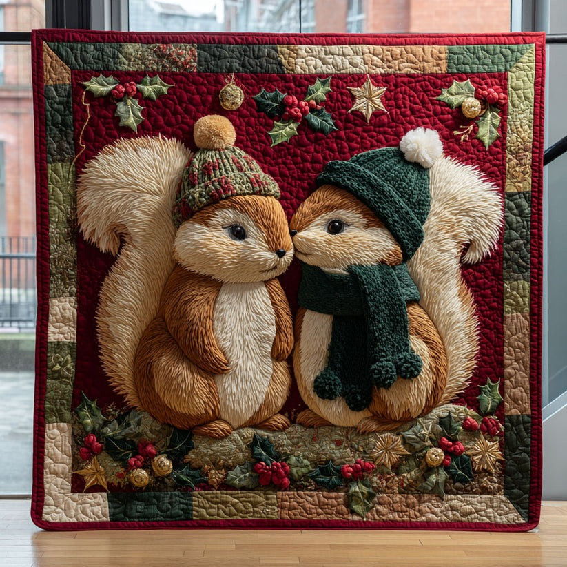Squirrel Couples Christmas Quilted Blanket Cute Animal Throw Blanket Gifts For Squirrel Lovers