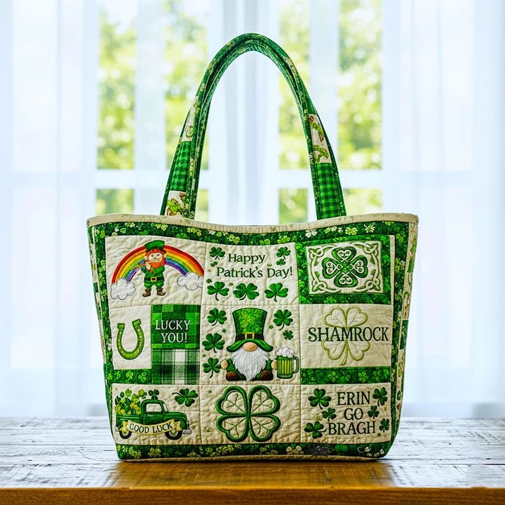 St Patrick's Day Erin Go Bragh Lucky Quilted Tote Bag Shamrock Gnome Leprechaun Gift For Women