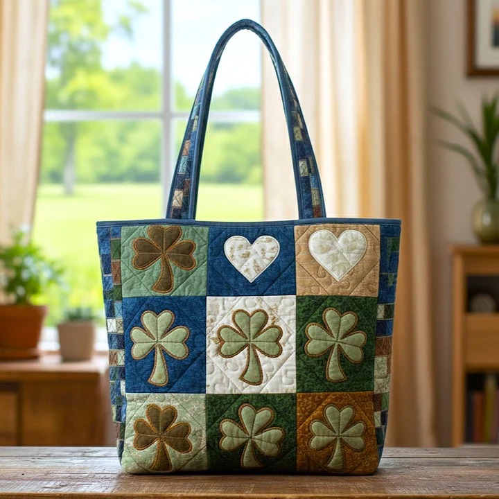 St Patrick's Day Shamrock Heart Denim Tote Bag Irish Lucky Clover Patchwork Best Gift For Women