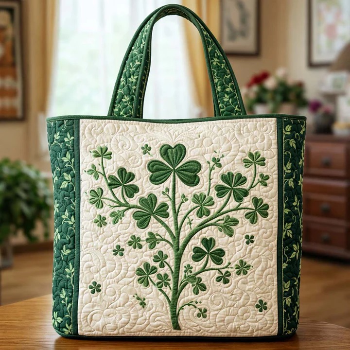 St Patrick's Day Shamrock Tree Quilted Tote Bag Irish Lucky Clover Celtic Vine Best Gift For Women