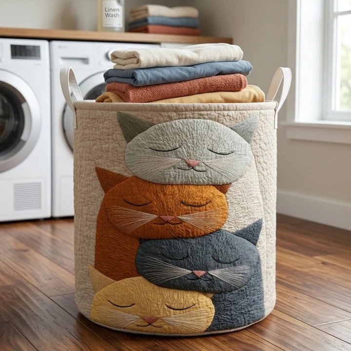 Stacked Sleeping Cats Quilted Laundry Basket Cat Lover Home Decor Best Gift For Cat Owners And Fans