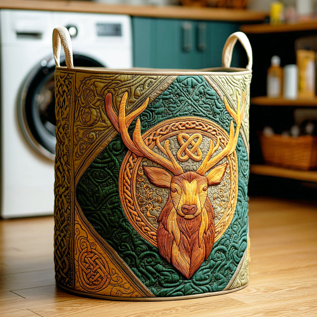 Stag Circle Quilted Laundry Basket Foldable Laundry Hamper with Quilted Fabric Design