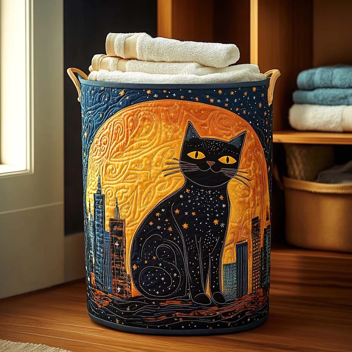Starry Cat Quilted Laundry Basket Celestial Boho Night Sky Cat Home Decor Gift For Cat Mom