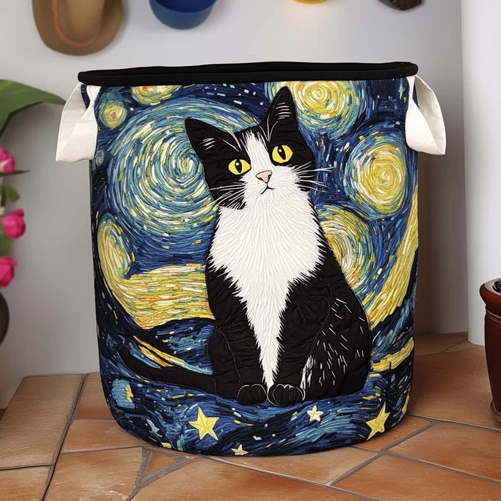 Starry Night Tuxedo Cat Quilted Laundry Basket Art Cat Lover Storage Best Gift