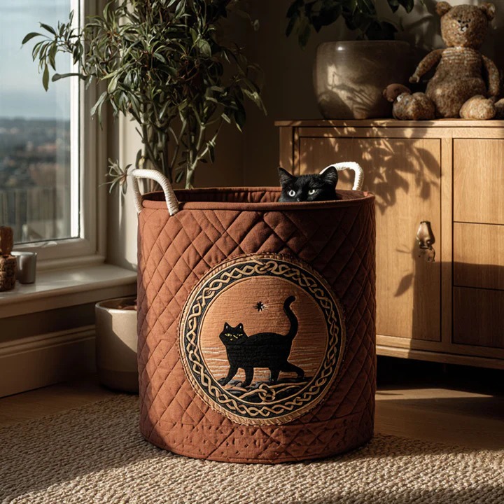 Starry Path Cat Quilted Laundry Basket Boho Moon Celestial Cat Home Storage Gift For Cat Lovers